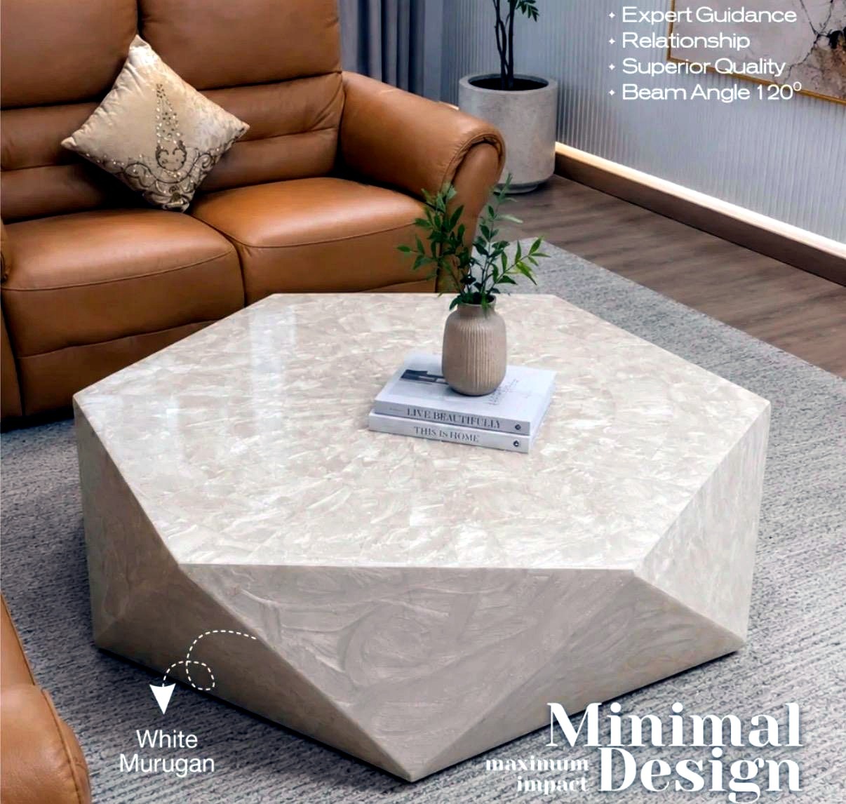 White Murugan marble hexagon coffee table detail