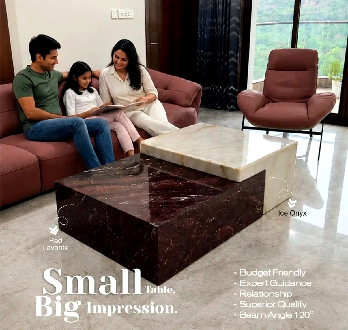 Aura Red Lavante & Ice Onyx Step Table - Red Lavante Marble + Ice Onyx