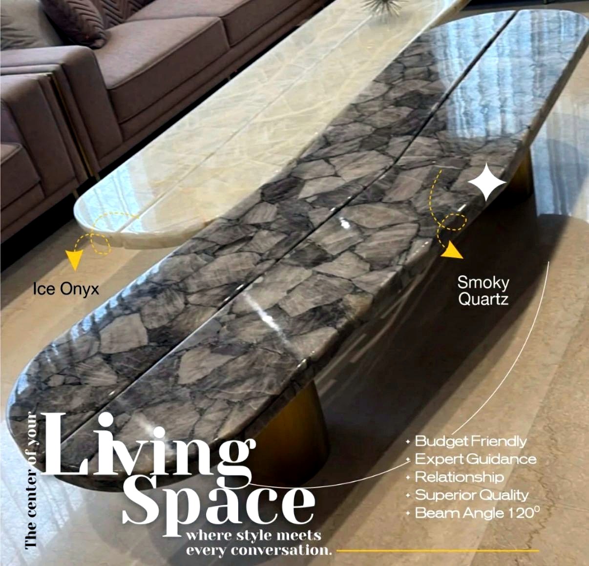 Aura Ice & Smoke Bench Table - Ice Onyx + Smoky Quartz